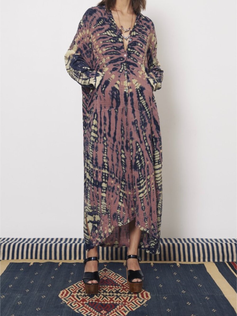 Raquel Allegra Jasper Navy Tie Dye Gauze Caftan Shirt Dress
